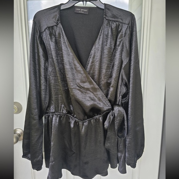 Lane Bryant Black Wrap Satin Blouse 20 Plus Long Sleeve Women Side Tie Normcore - Picture 2 of 11